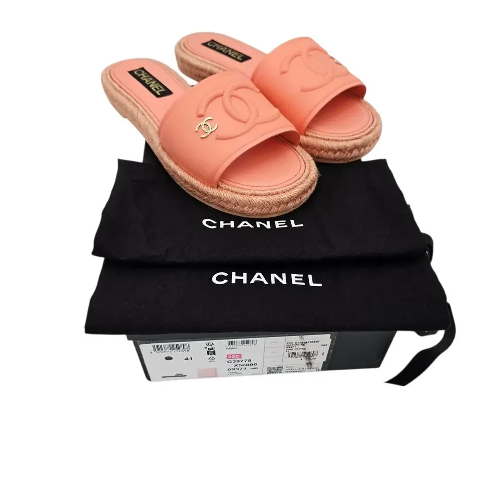 Chanel CC Logo Orange Coral Leather Flat Slide Sandal Jute Size 41 10 10.5
